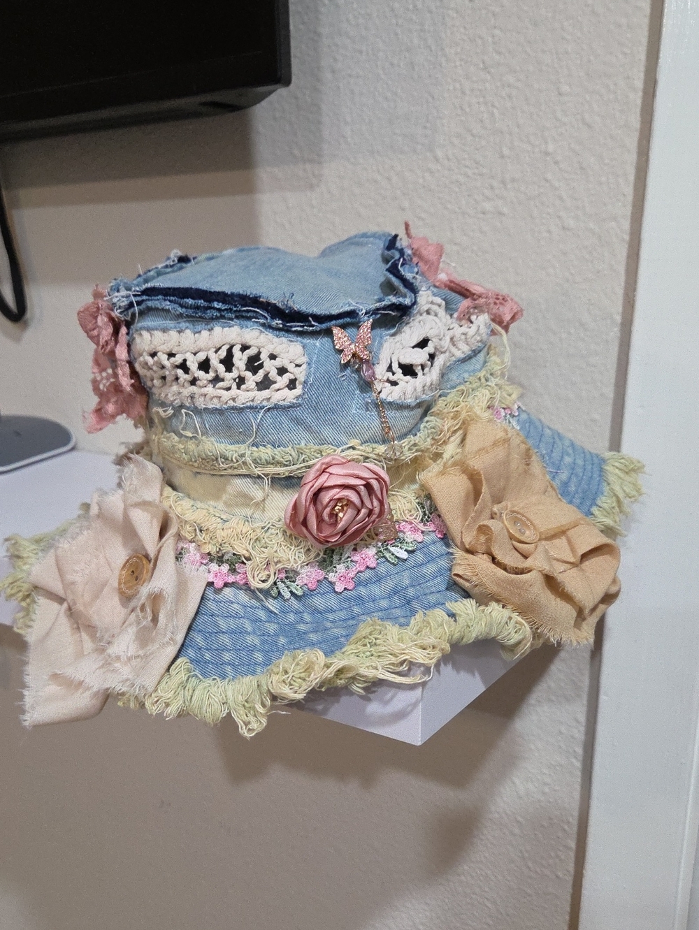 Handmade Distressed Denim Sun Hat with Floral Accents Original Funky Girl Design